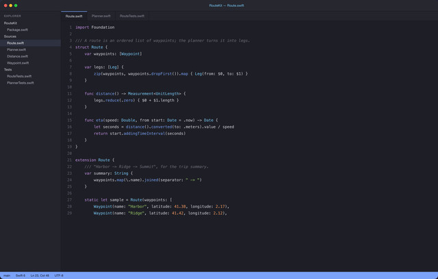 Un editor de código con un archivo Swift abierto