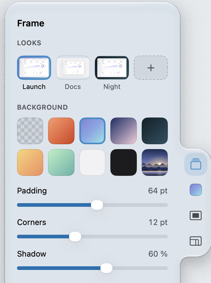 The Frame panel of the Advanced editor: three saved Looks named Launch, Docs and Night with a plus to add one, then the ten backgrounds, and sliders for padding, corners and shadow