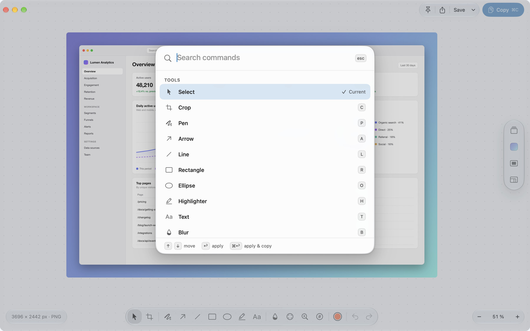 The command palette open in the Advanced editor, empty: the list of tools from Select to Blur, each with its single-key shortcut