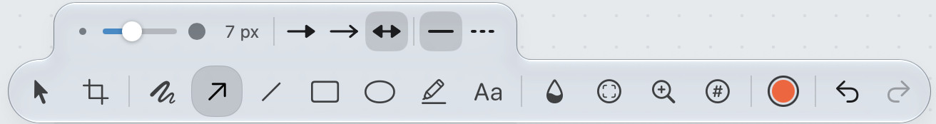 The style rail for a selected arrow: stroke width, and open, filled or double arrowheads, and solid or dashed line