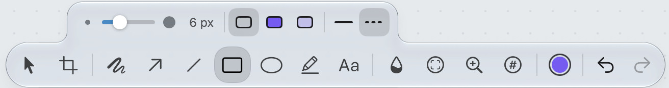 The style rail above the tools for a selected rectangle: stroke width, outline, tint and solid fill, and solid or dashed line