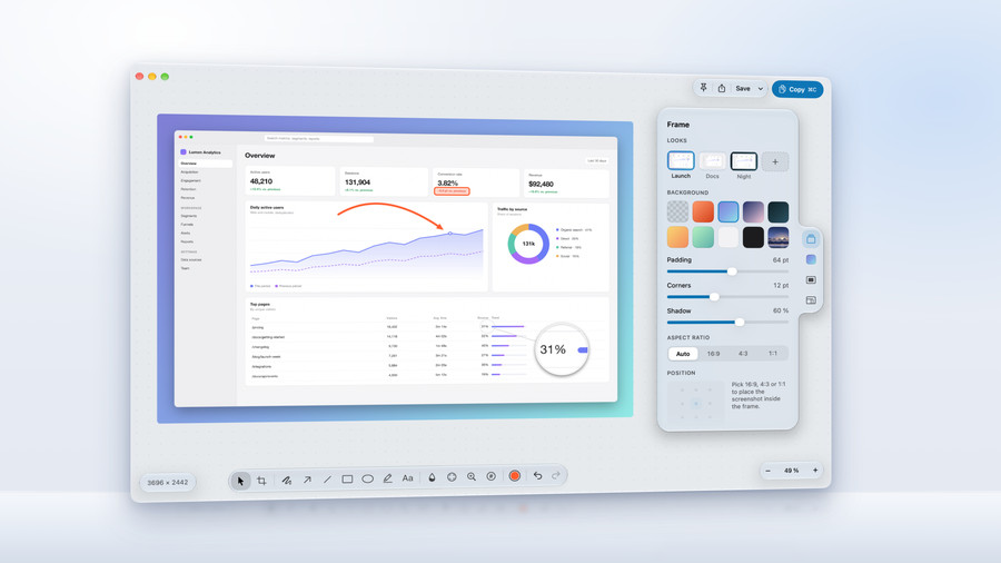 The advanced editor as a window in a studio: an analytics dashboard capture framed on a blue-to-teal gradient with a curved arrow, a magnifier and a highlighted figure drawn on it, Pin, Share, Save and Copy at the top, the tool island floating at the bottom, and the Frame panel on the right with three saved Looks, background swatches and sliders for padding, corners and shadow