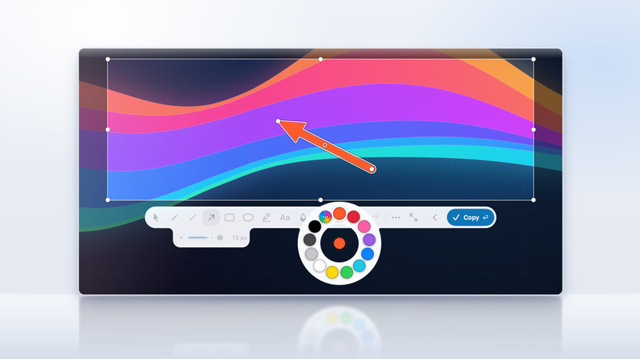 A glass display showing a colourful streamgraph capture, dimmed outside a selection with an orange arrow drawn in it, and the island under the selection: the tool strip with the arrow armed, the stroke lobe at 15 px, the Copy button, and the colour ring bloomed out of the bead with twelve colours