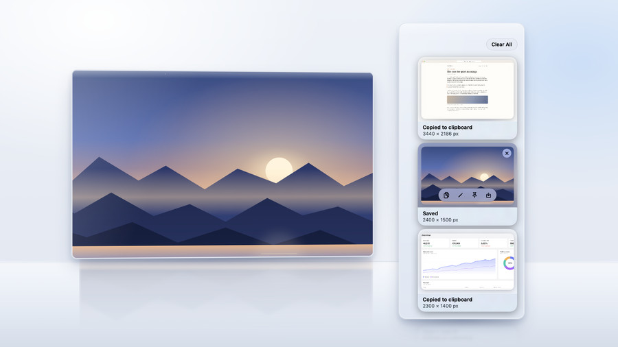 A pinned landscape capture floating as a glass panel on the left and, on the right, the stack of three capture cards with Clear All above them, in a studio