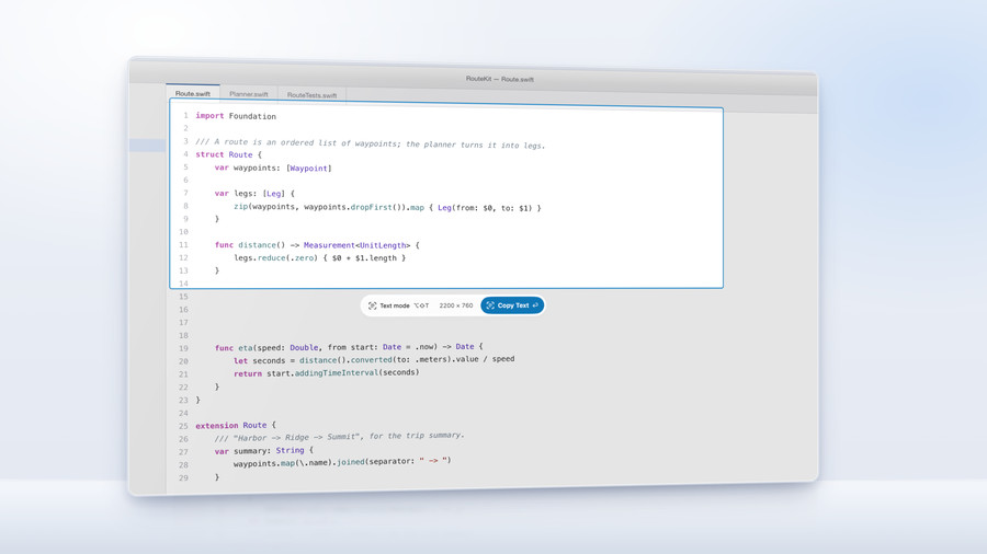 Text mode over a code editor on a glass display: a glacier-blue outline around a Swift struct and the island under it reading Text mode, the size, and Copy Text