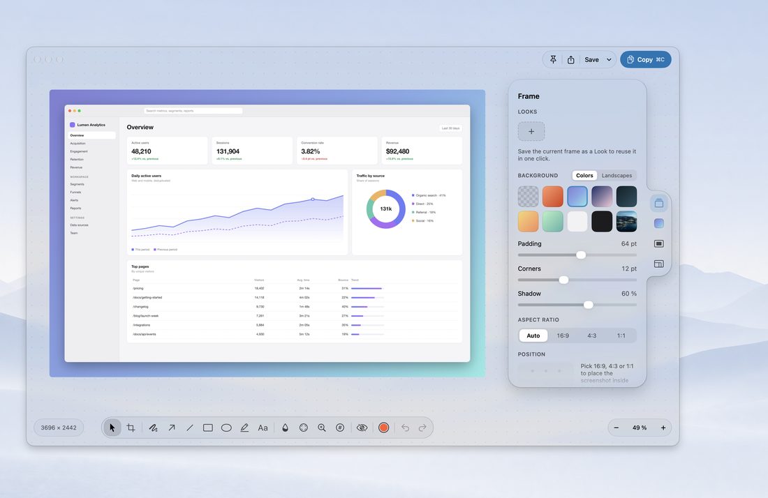 The Advanced editor in Liquid Glass with the Frame panel open