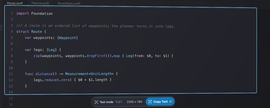 Código seleccionado en un editor, con la isla ofreciendo Copiar texto