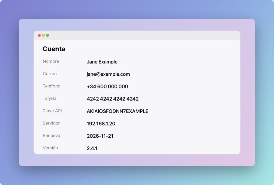 Una ventana de cuenta con un correo, un teléfono, un número de tarjeta, una clave de API y una dirección IP