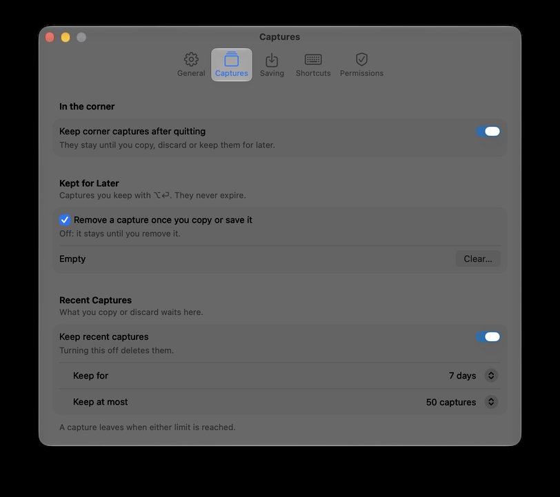Settings, Captures tab: In the corner, Kept for Later and Recent Captures