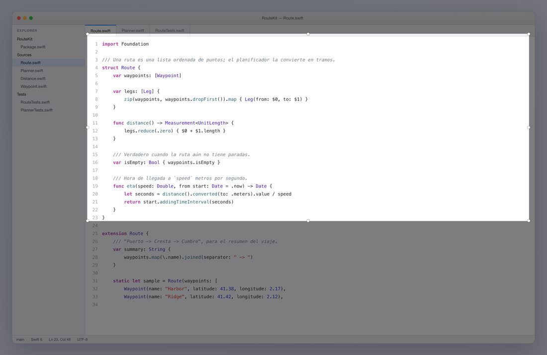 Un editor de código congelado en pantalla, con el resto atenuado y una selección sobre el código